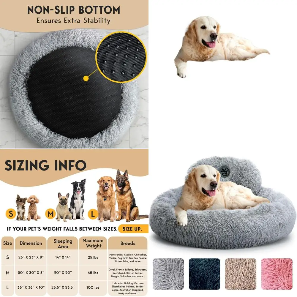 

Large 36 Round Anti-Slip Washable Donut Dog Bed, Super Soft Faux Fur, Comfortable for Dogs up to 100 lbs, Bright Grey