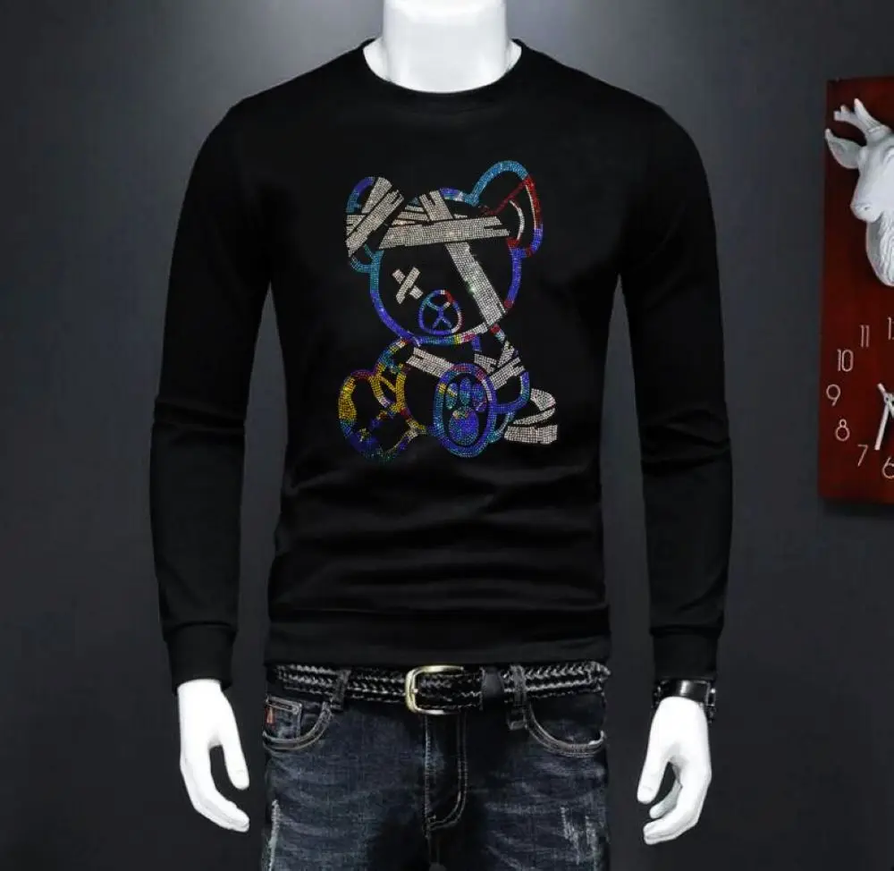 autumn round neck top casual new fashion sweater lettering Men's hot diamond youth large slim 823-05