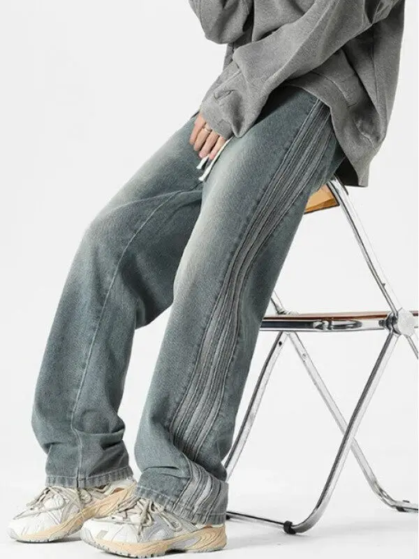 

American Retro Rope Waist Denim Jeans Men's Straight Leg Summer Trendy Loose Wide Leg Dad Pants High Street Cool Long Pants