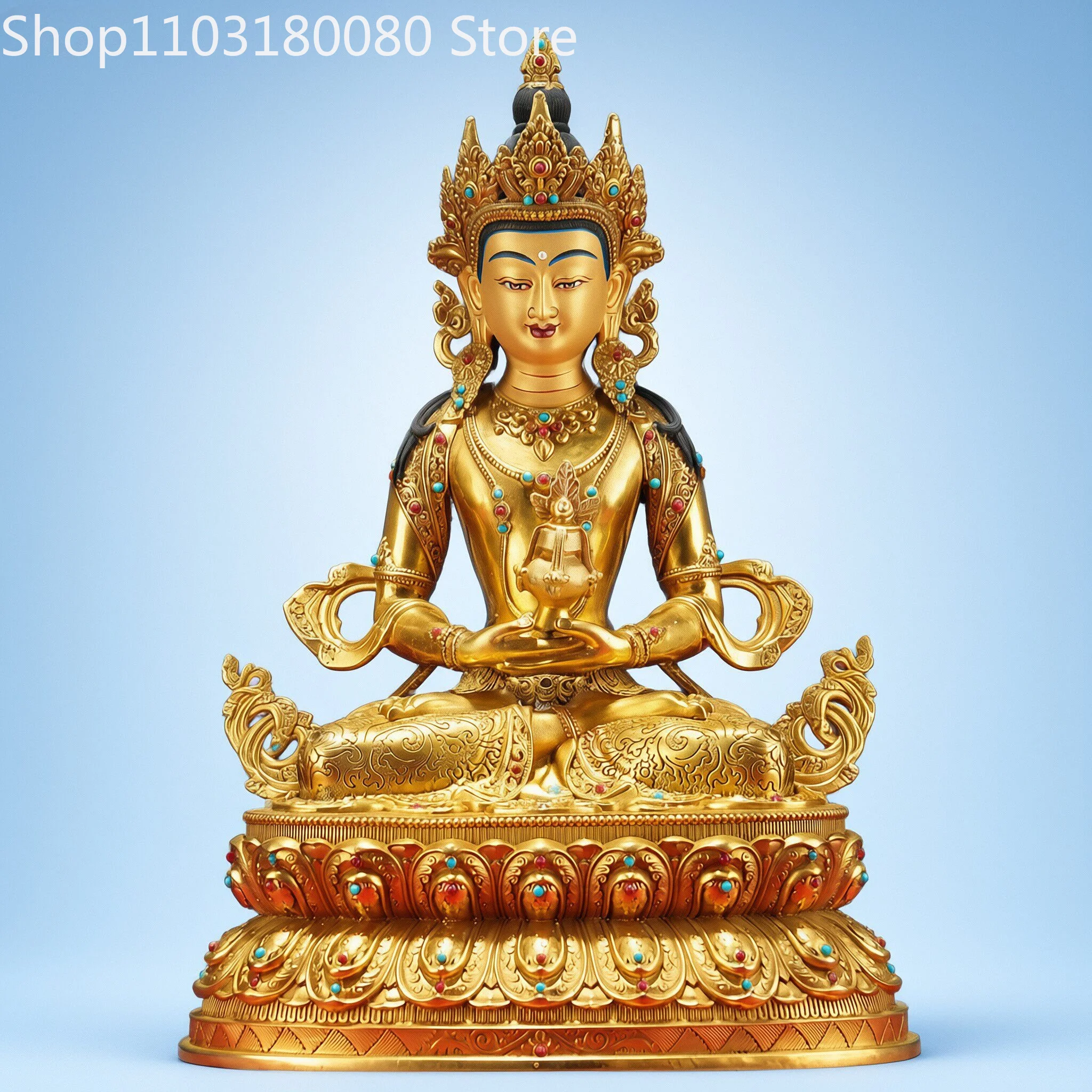 33cm Gilt Brass Amitayus Buddha Statue Tibetan Buddhist Tsepame Buddha of Long Life Longevity Sculpture Altar Home Decor