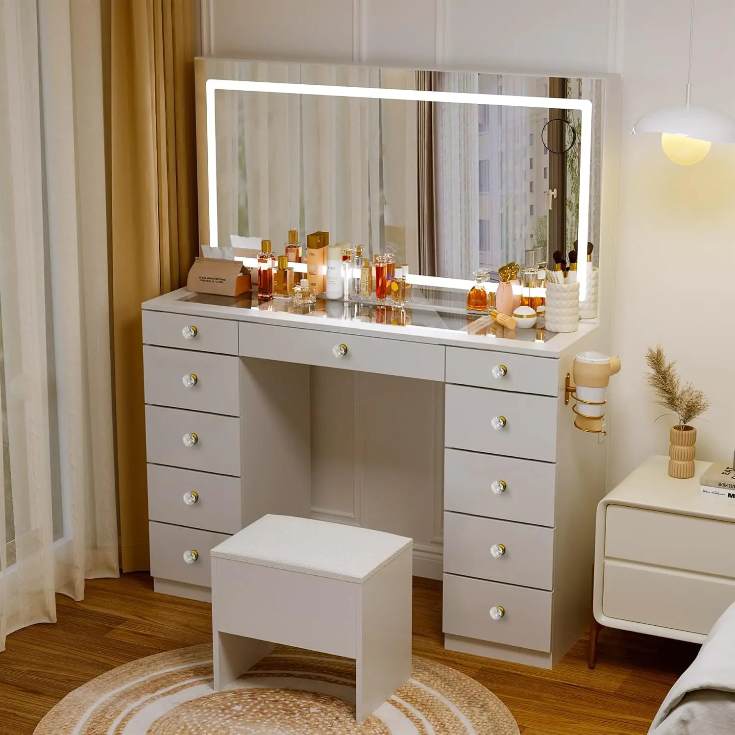 White Glass Top Vanity Desk with Crystal Handles, 11 Drawers, Mirror, Stool, 3 Lighting Modes, Power Outlet & Silent Slides view 5