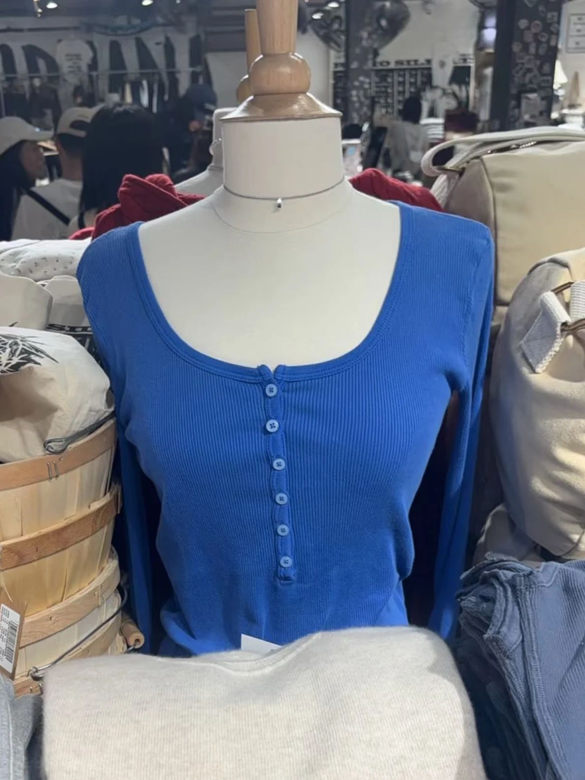 

Six Buttons Royal Blue Long Sleeve T-shirts Autumn O-neck Cotton Slim Women' tshirt Preppy Style Ribbed Chic Basic Tee Tops New