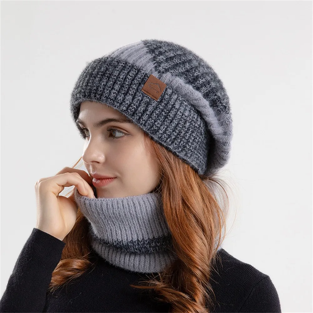 New Thicken Soft Hat Scarf Set Fleece Lined Warm Neck Warmer Windproof Coldproof Beanie Hat for Women