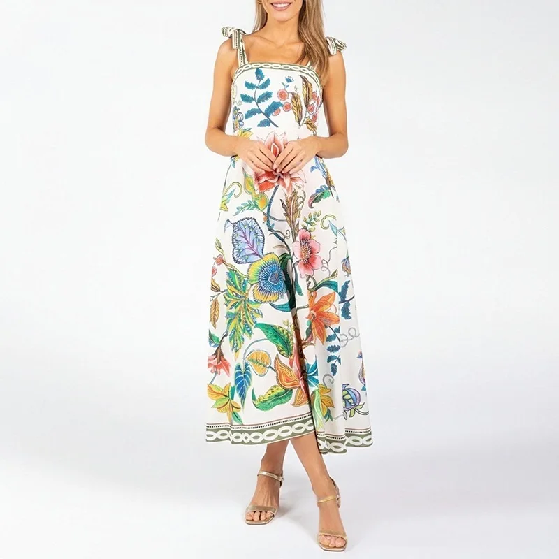 Summer New Arrival Women Casual Dress Plant Print Tie‑Waist Full Swing Dress Breathable Daily Vacation Outing Dress