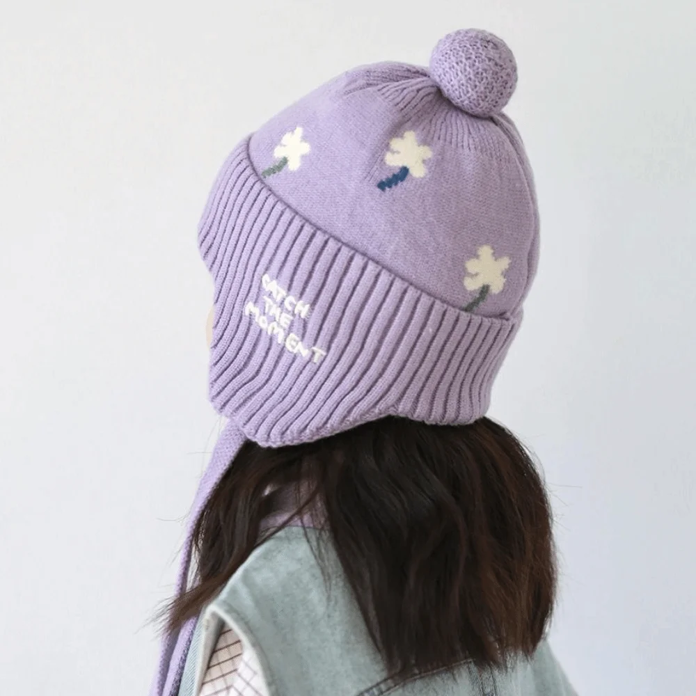 

Fleece Lining Winter Baby Crochet Hat Soft Lace-up Toddler's Knitted Cap Solid Color Windproof Ear Protection Hat Toddler Use