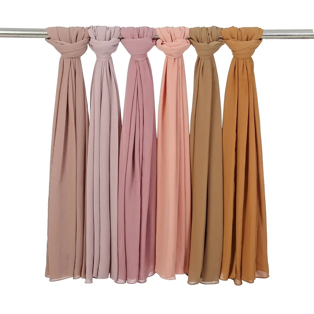 175-70cm 말레이시아 단색 쉬폰 헤드스카프, 주름 방지 플리츠 헤드랩, 통기성 및 가벼움, 2025년용