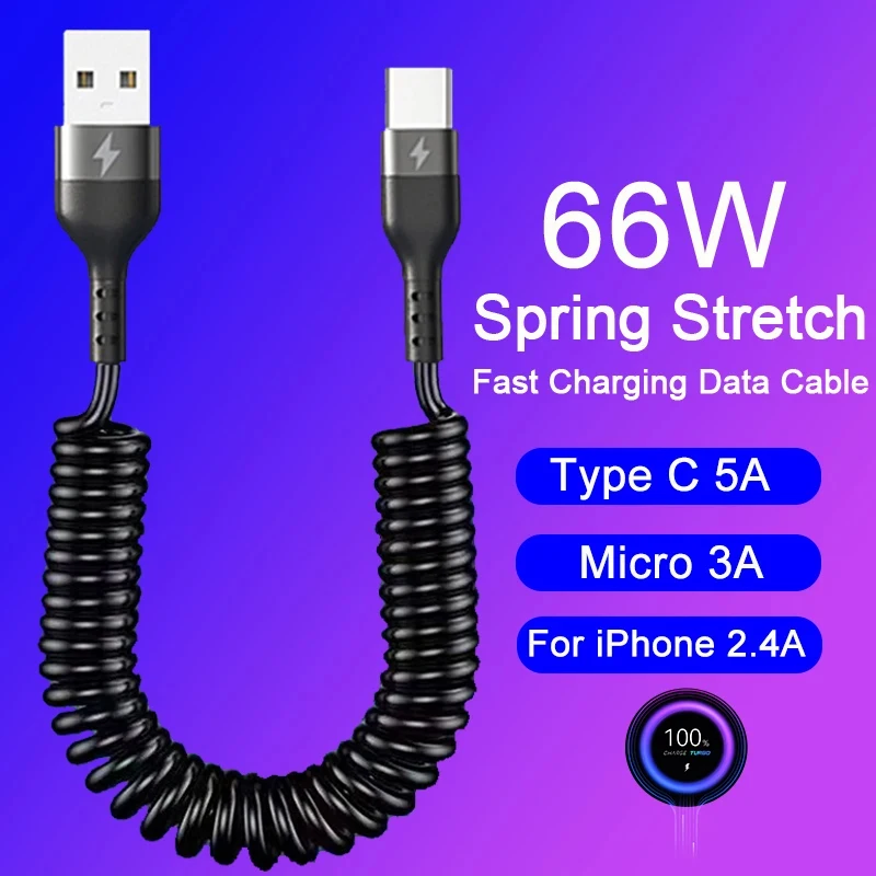 66W 5A USB Type C Data Cable 3A Micro USB Spring Pull Telescopic Fast Charging Cable for Sumsung S24 Xiaomi 12 Huawei Poco Honor