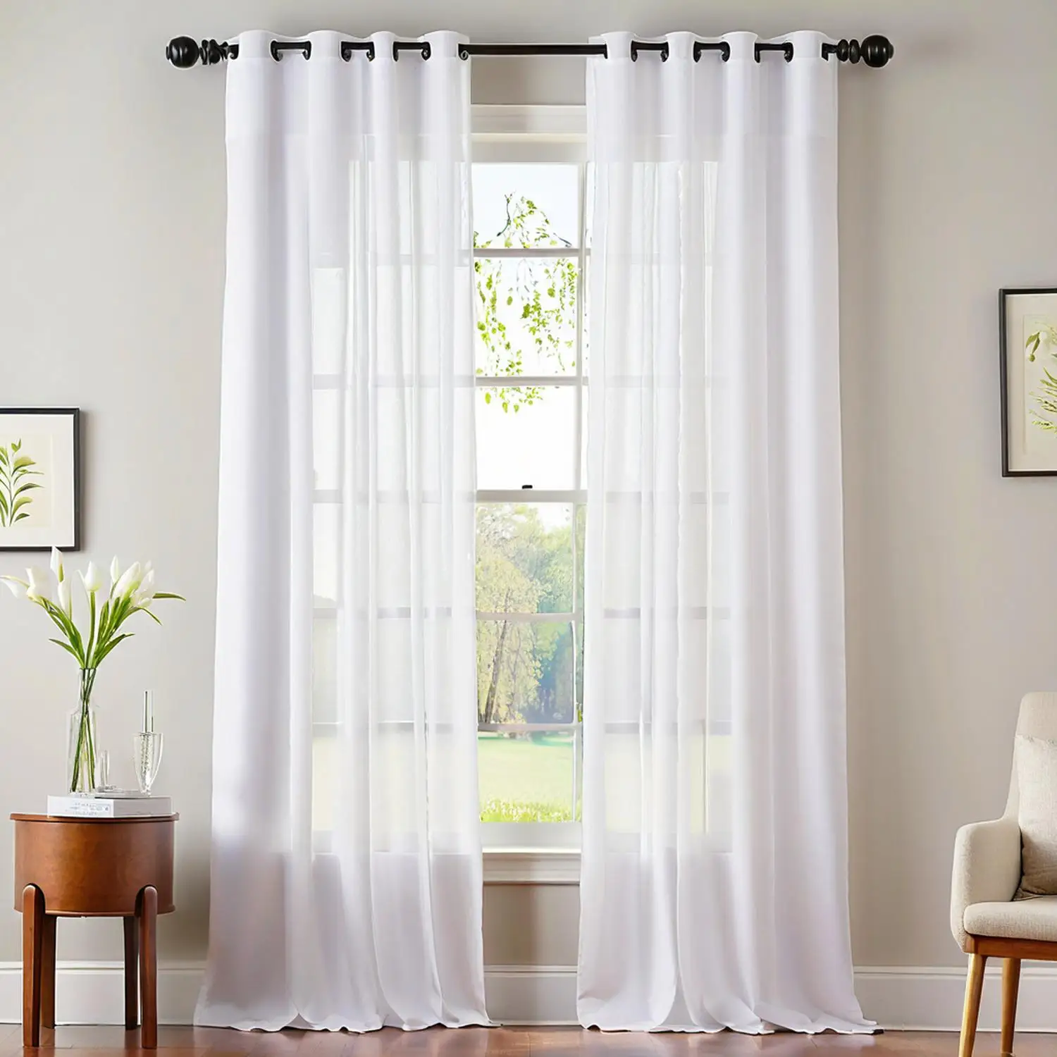 2 Panels Set White Sheer Curtains & Drapes Grommet Top Light Filtering for Living Room Bedroom Window Elegant Treatments