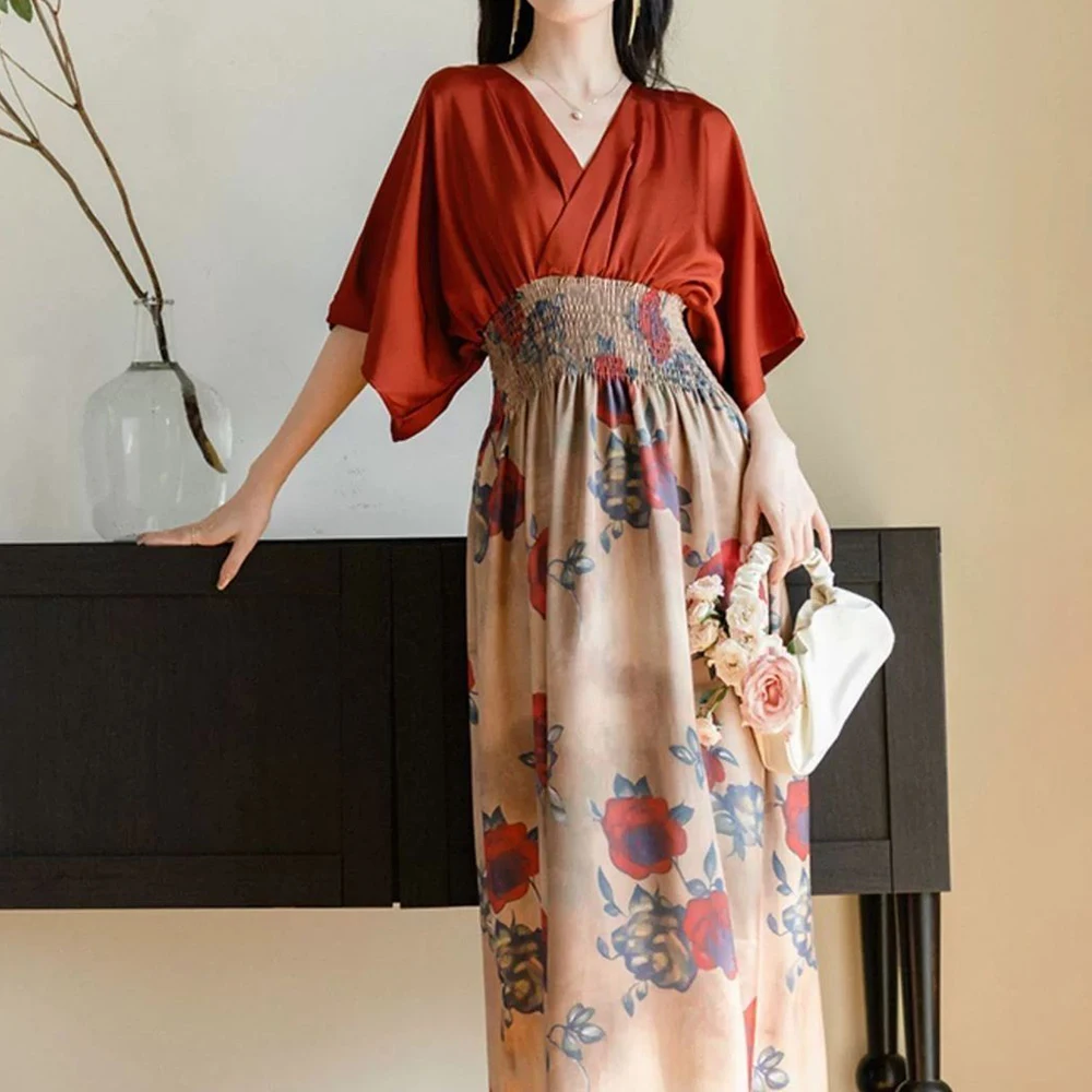 

Niche design ethnic style fake two pieces red dress retro vacation exotic style wear temperament beautiful long dress