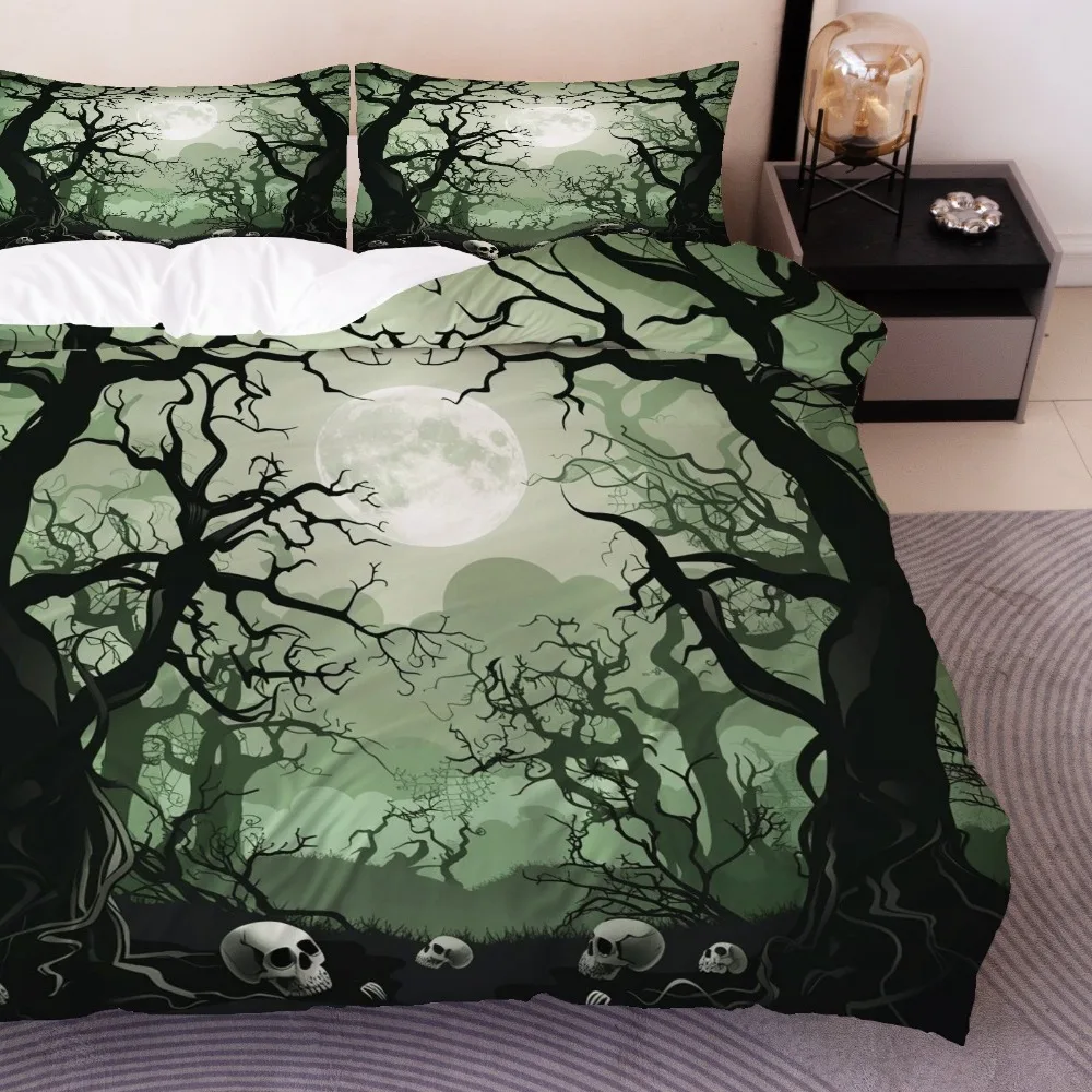 Set biancheria da letto di Halloween Teschio Nebbia Foresta Alberi appassiti Stampa Copripiumino accogliente King Queen Twin Size Regalo di compleanno Arredamento camera da letto