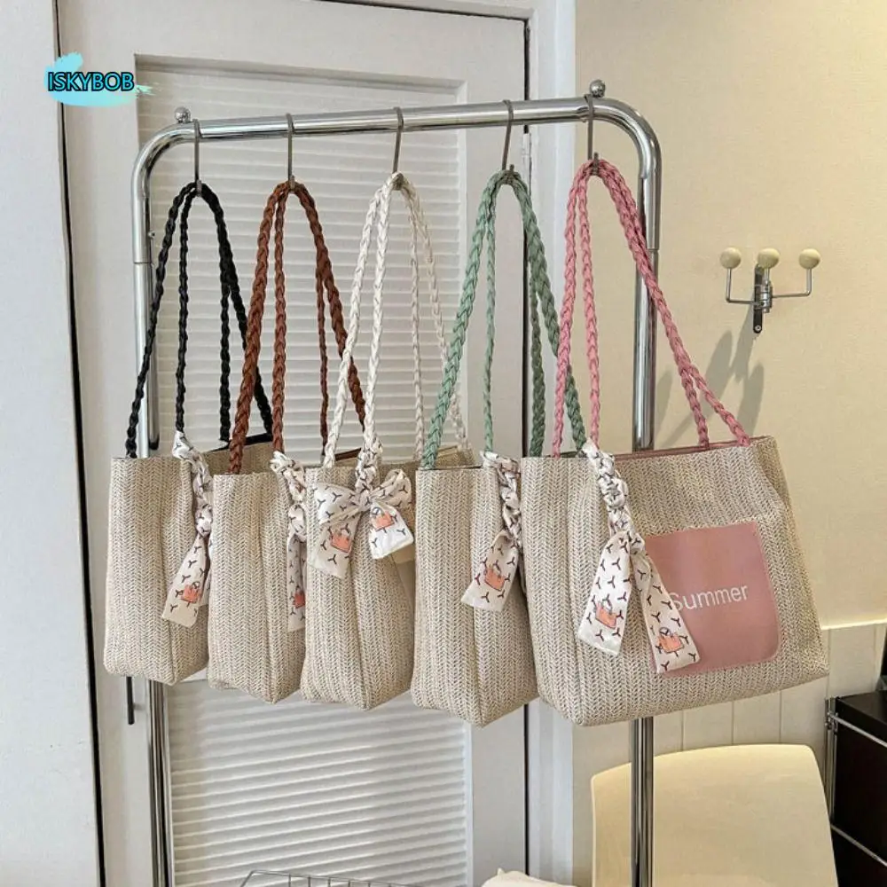 

Balletcore Straw Woven Tote Bag Solid Color Multifunctional Beach Shoulder Bag Large Capacity Ribbon Women Handbag Outdoor