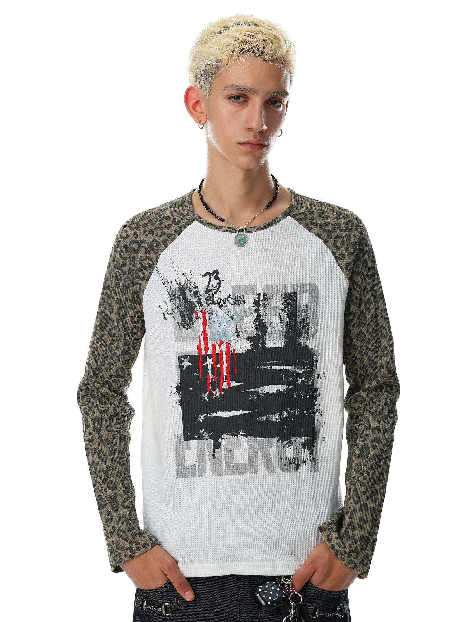 American Graffiti Style Long Sleeve T-Shirt Men's Patchwork Leopard Print Loose Design Sense Top Breathable Cotton Blend