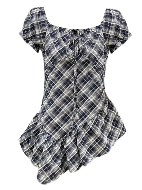 

plus Size Women's irt Square Collar Bubble Sve Slim Fit ort Sve Plaid Summer Faion Top Chinese Brandl Women's ...