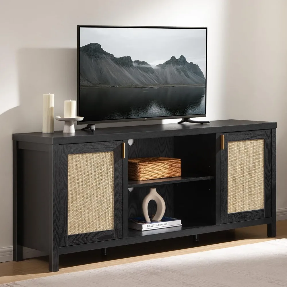

Rattan TV Stand for Living Room - 26" Tall Farmhouse Entertainment Center with Storage and Wicker Door, Media TV Console Cabinet