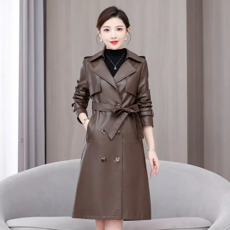 Ning Genuine Leather Jaet Women's Mid-Length 2025 Spring Autumn New High-End Leather Windbreaker Belted Slim-fit Coats