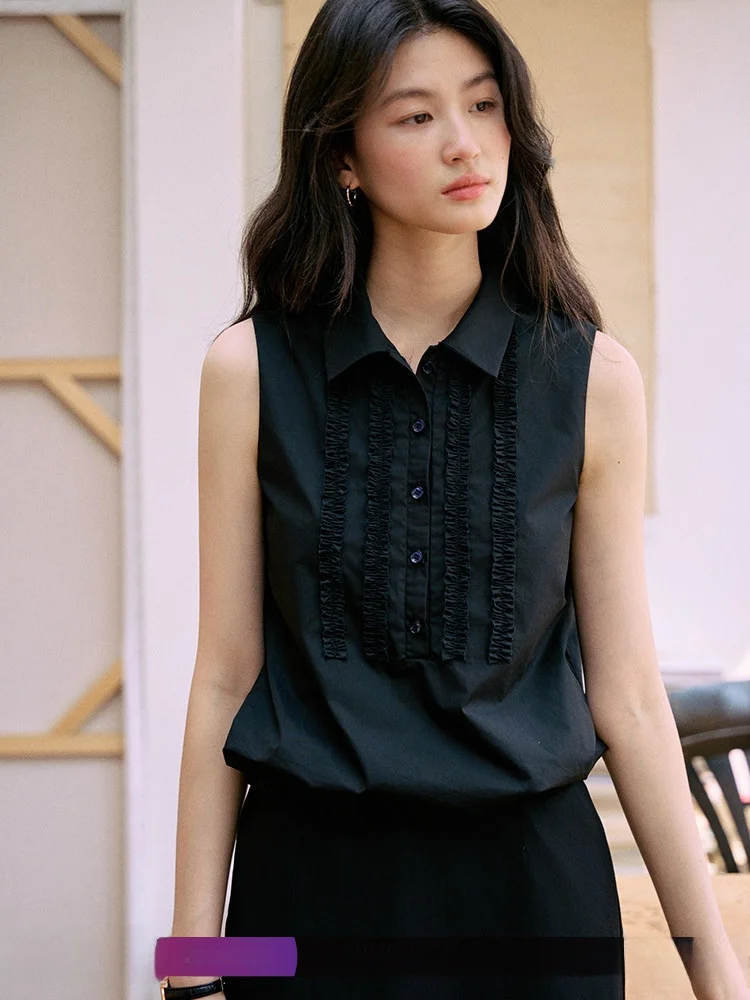 

Waed Cotton irt Sle Svel Women's Vest Summer f Open Collar Pleated Top Jicouture Floral Lace Trim Blouse