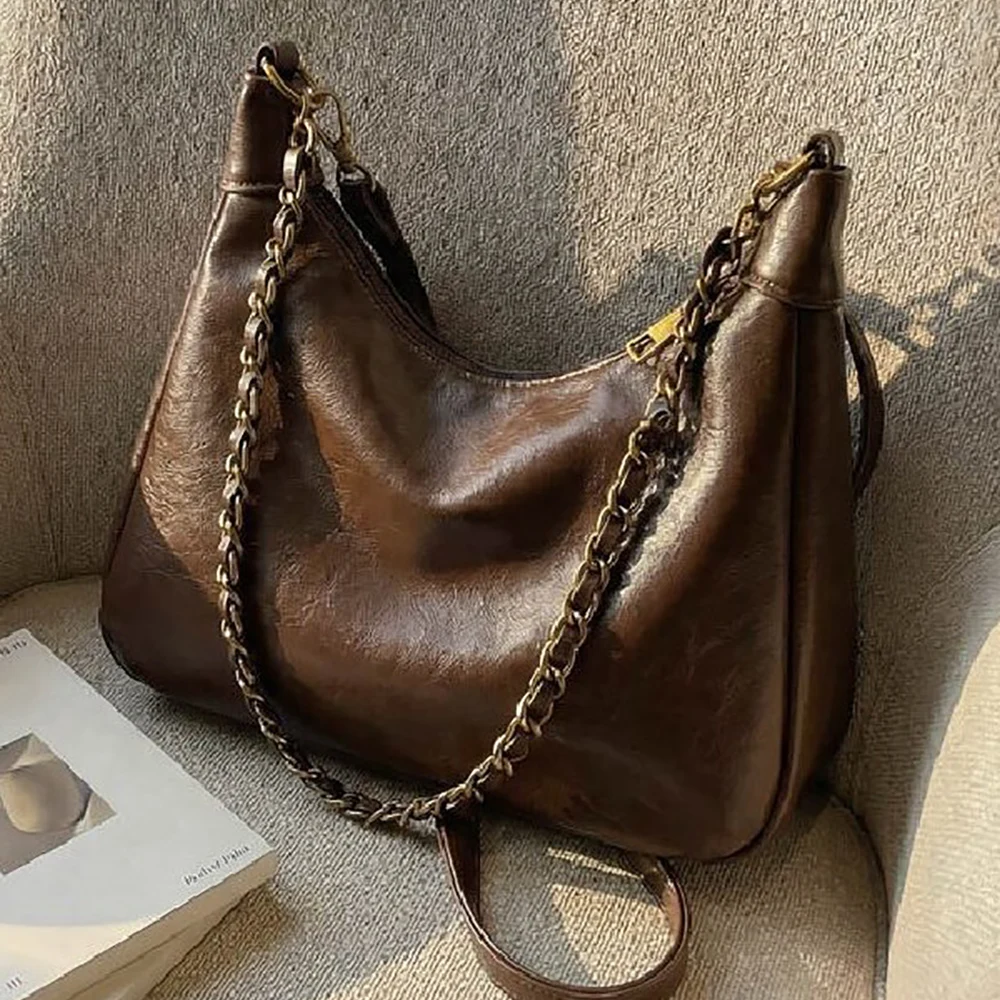 

Винтажная женская сумка на одно плечо большой вместимости, мягкая высококачественная сумка из искусственной кожи, однотонная сумка через плечо с цепочкой, универсальные сумки для поездок на работу