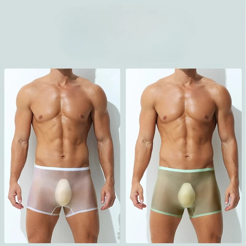 Sexy Mens Ice Silk Flat Boxers Low Waist Transparent Shorts Men U Convex Pouch Underwear Ultra-Thin Seamless Man Erotic Panties
