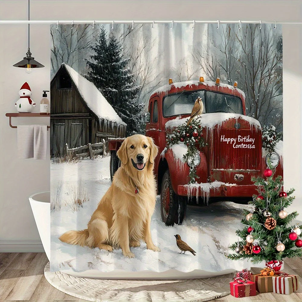 1pc 2D Flat Shower Curtain, Golden Retriever Vintage Red Truck Snowy Farmhouse Printed Shower Curtain, Decor for Bathroom