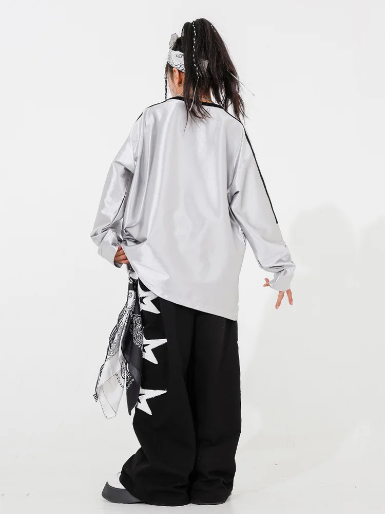 子供 Kpop ヒップホップ服反射印刷トップスストリート黒パンツスター付きガールズボーイズジャズダンス衣装服