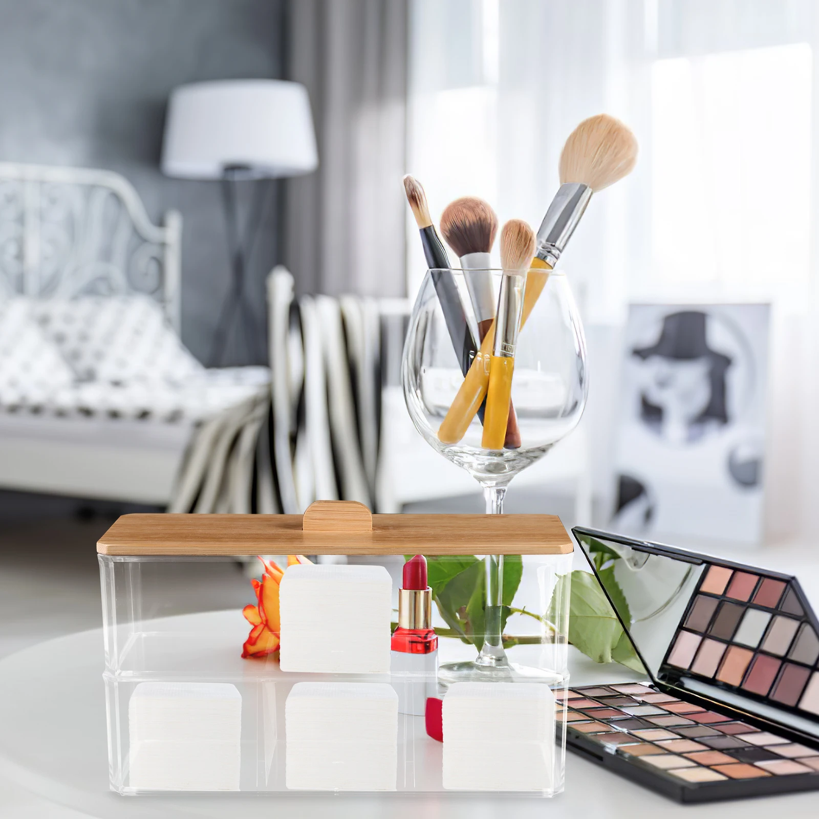 

Bathroom ganizer Bamboo Lid Cotton Swab Box Transparent Stackable Storage Jar Acrylic Cotton Ball Holder Dustproof Container