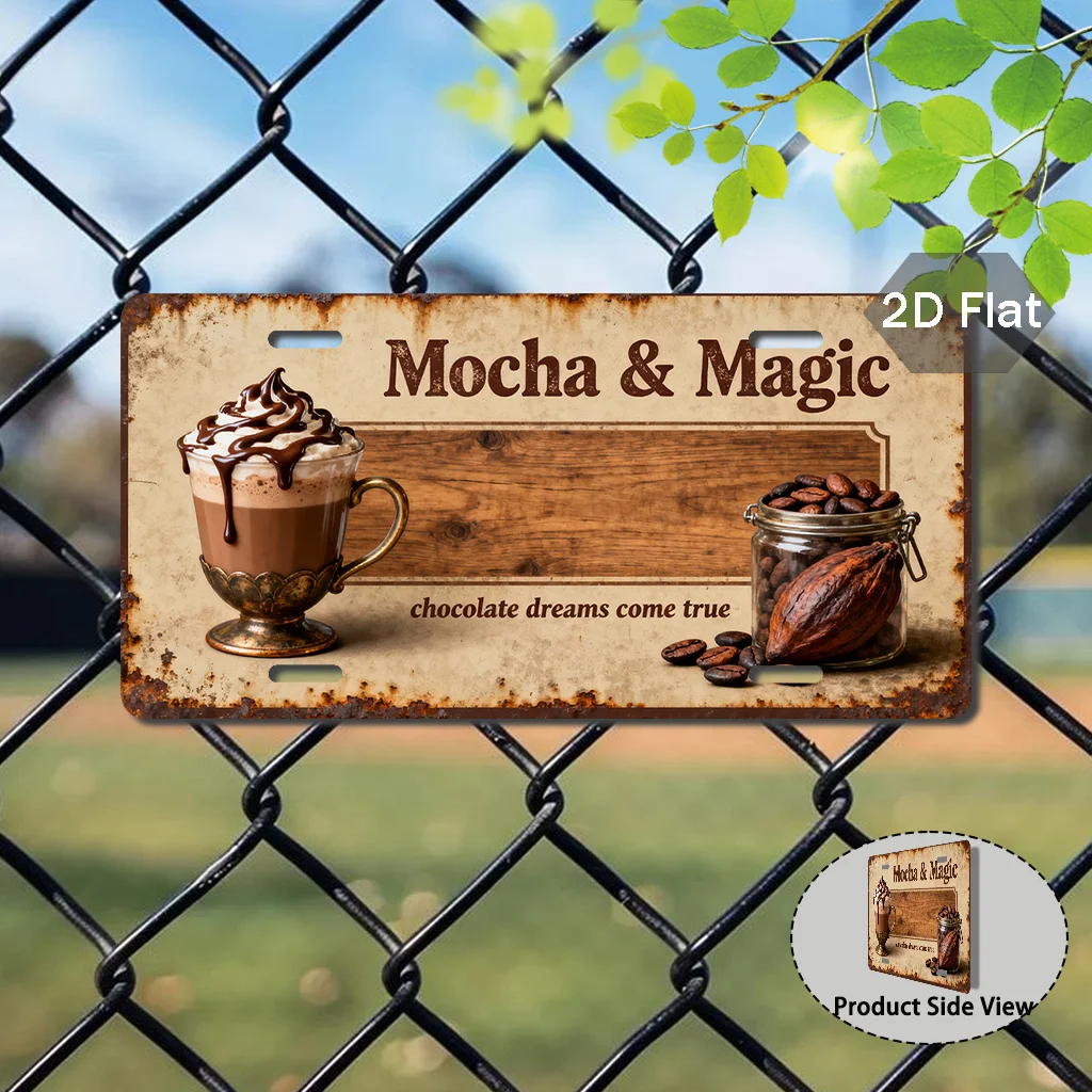 Vintage Aluminum Metal Sign Mocha & Magic Coffee Cocoa Bean & Cursive Font Retro Wall Art Plaque for Home Bar Cafe Farmhouse Wal