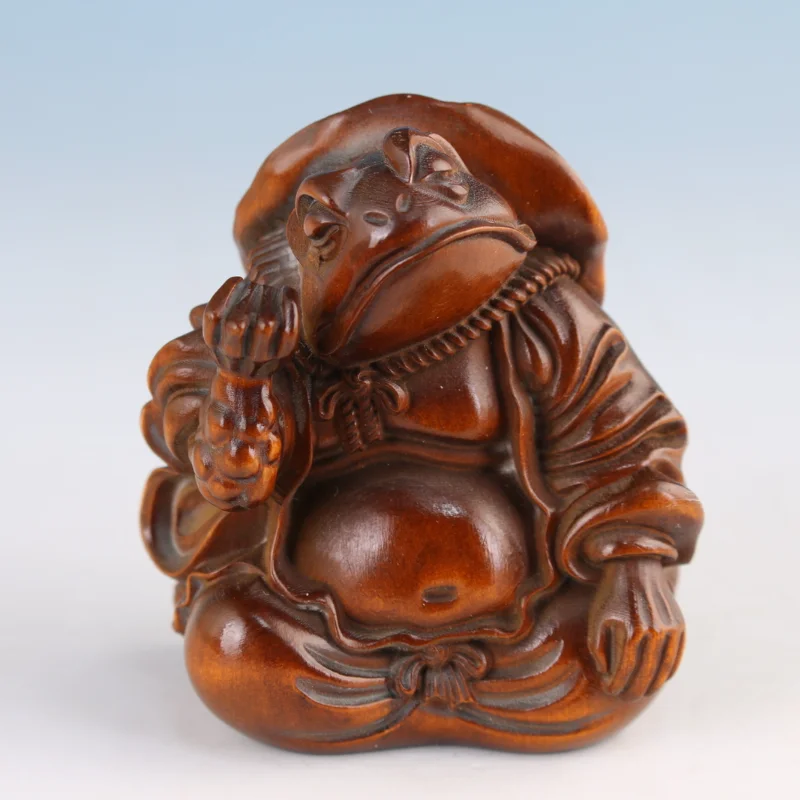 Vintage Boxwood Hand Carved Frog God Figurine Chinese Netsuke Desktop Feng Shui Collectible Ornament