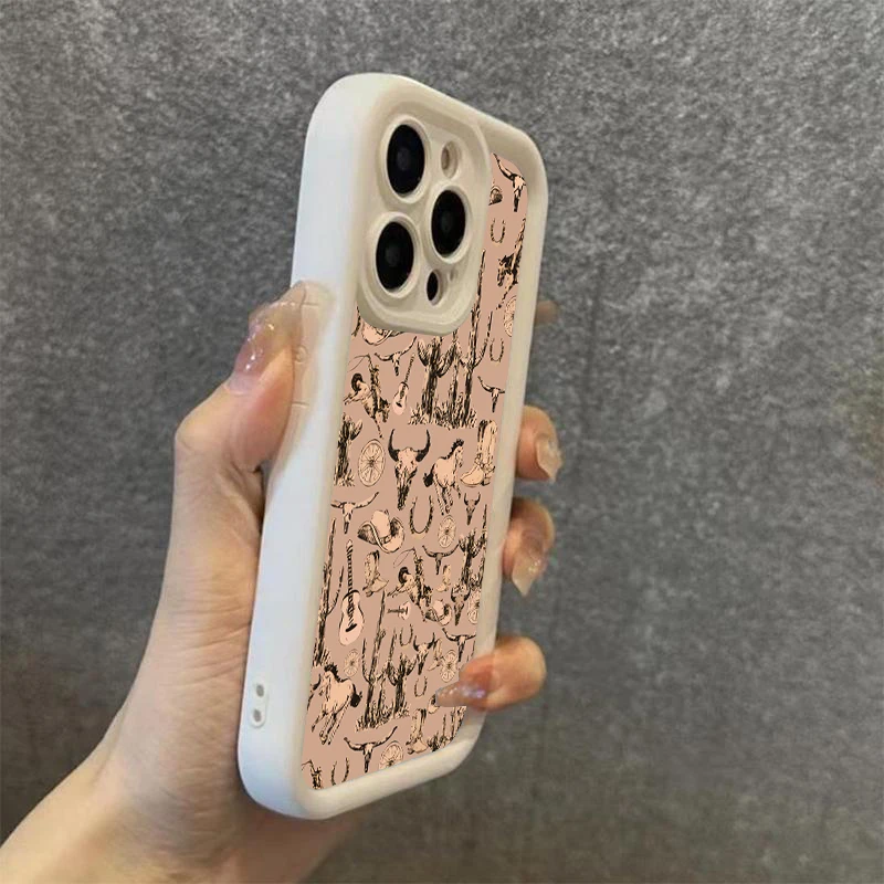 Western Graffiti Brown Silicone Soft Case For iPhone 13 14 Pro Max 11 12 15 16 Plus SE2022 7 8 X XS XR Shockproof Candy Cover