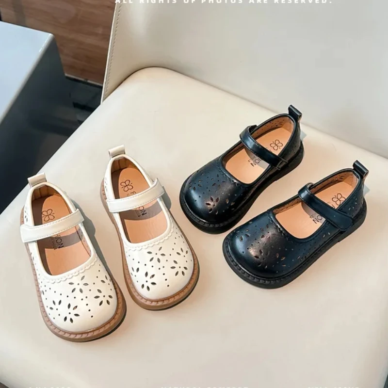 

Girls PU Leather Shoes 2025 Spring Autumn New Fashion Kids Causal Flats Shoes Hollow-out Simple Non-slip Children Princess Shoes