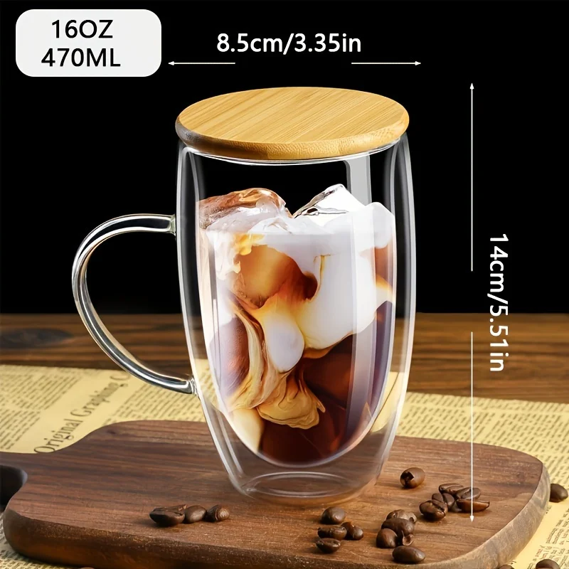 2PCS Transparent Double Layer Glass Cup With Wooden Cover Spoon Household Coffee Mug 350/450ML Coffee Cappuccino Espresso Cup