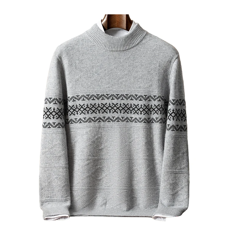 

Seven-Needle Double-Ply Thickened Men's 100% Pure Cashmere Half-Turtle Neck Jacquard Knitted Base Shirt Casual Pullover