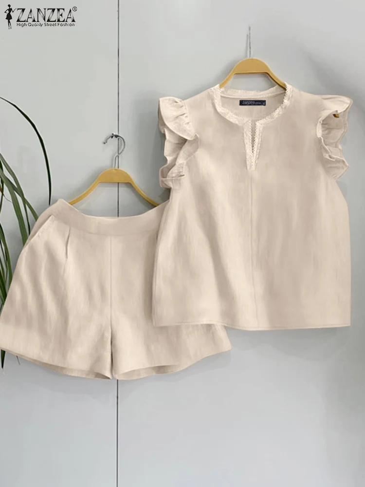 

Fashion Solid Matching Outfits 2025 Summer Women Flying Sleeve Tops Elastic Waist Short Sets ZANZEA Casual Korean Two Piece Suit