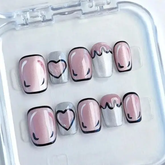 10개입 달콤한 핑크 짧은 사각형 수제 착용 가능한 네일, 네일 아트, 2D 만화 네일, 모든 여성 및 소녀들의 일상 착용에 적합
