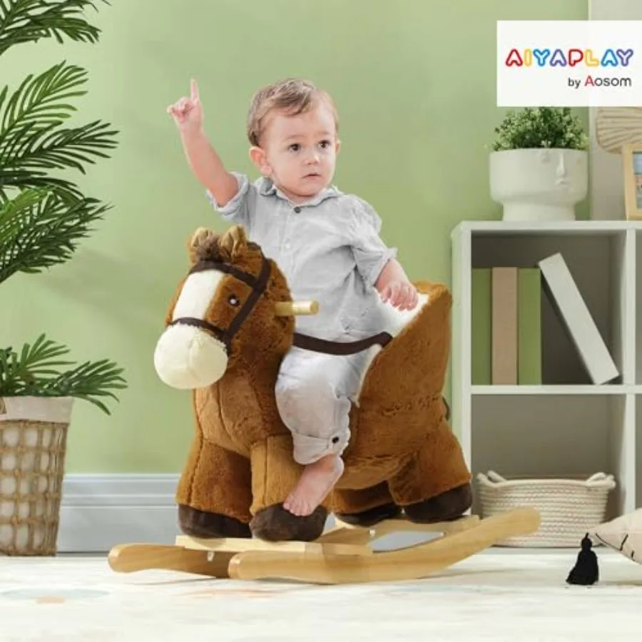 Baby Rocking Horse, Plush Animal Rocker with Sound, Wooden Base, and Safety Belt for Ages -36 Months, Brown