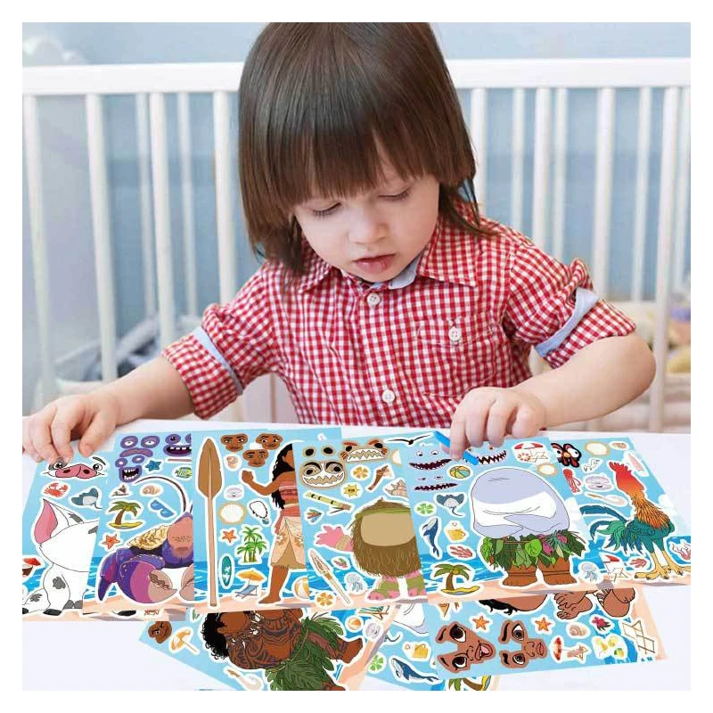 8/16Sheets Disney Cartoon Moana DIY Make a Face Puzzle Stickers DIY Children Cartoon Funny Assemble Jigsaw Decals Kids Toys Gift