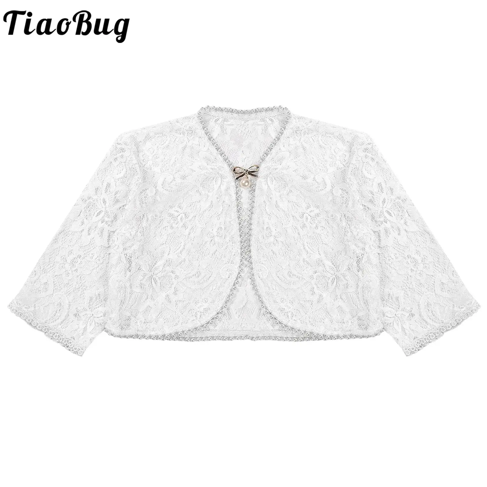 Kids Girls Elegant Bolero Shrug Sheer Floral Lace Cardigan Open Front Brooch Crop Coat Shawl Birthday Party Wedding Cloaks Cape