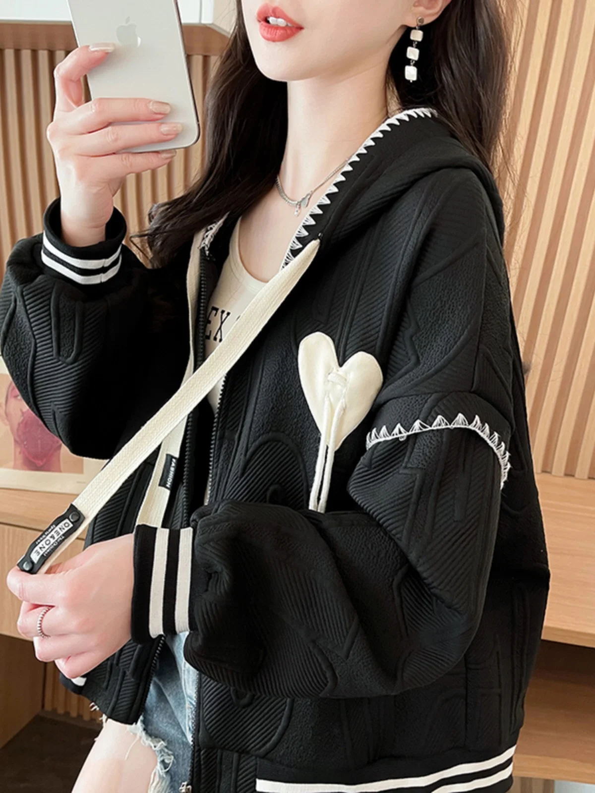 الحلو كلية نمط البيسبول موحدة سترة الفتيات أزياء ربيع الخريف خطوط فضفاضة القلب الرباط سترة هوديي معطف مقنع #5