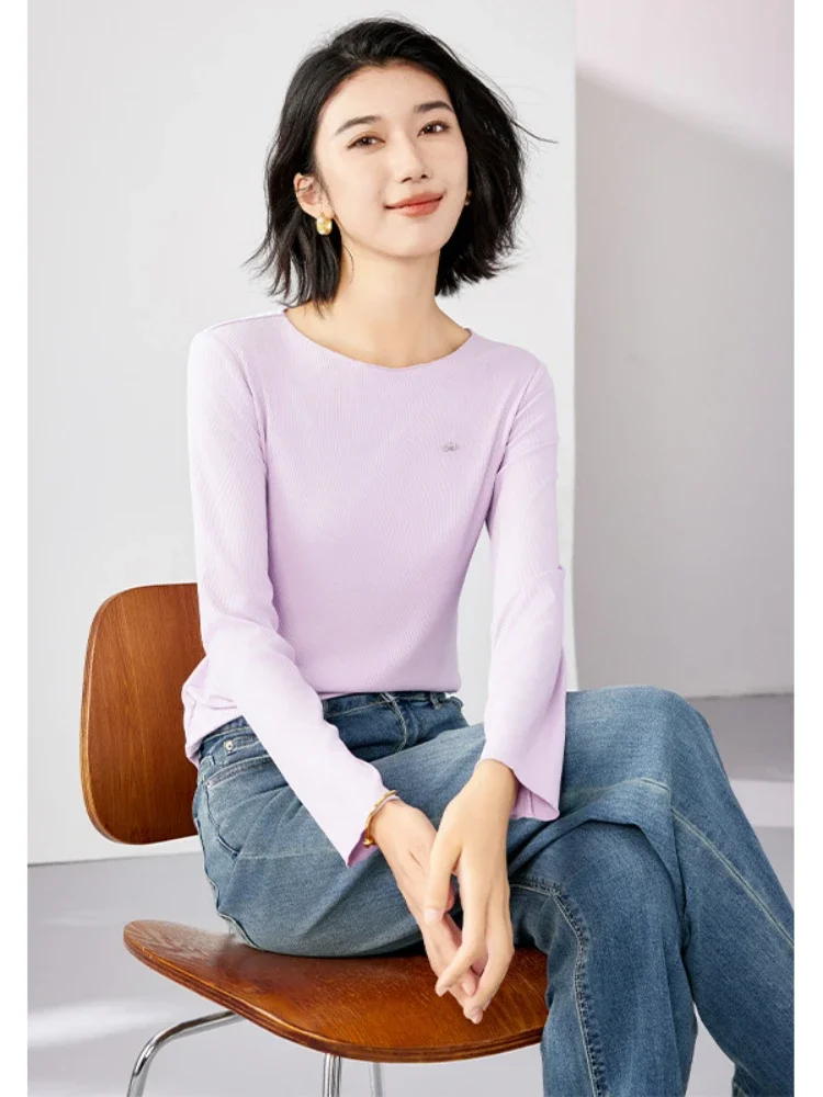 Vimly Base Long Sleeve T Shirt for Women 2024 Spring Simple Slim Round Neck High Strecth Soft Knit Tops Women\'s Clothing M2525