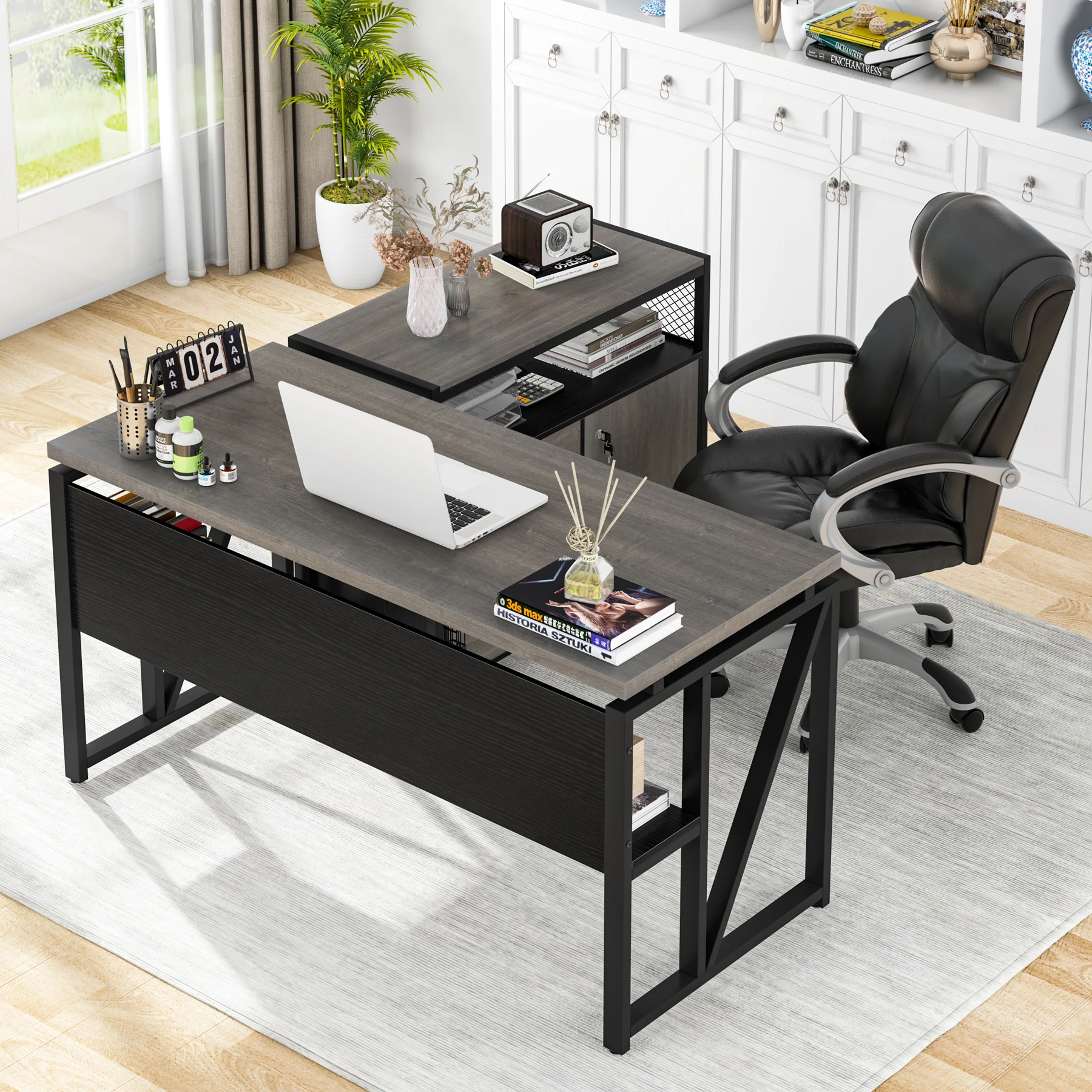 

as-Tribesigns L-Shaped Grey CEO President Modern Wood Office Executive Computer Desk With Removable File Drawers Cabinet@