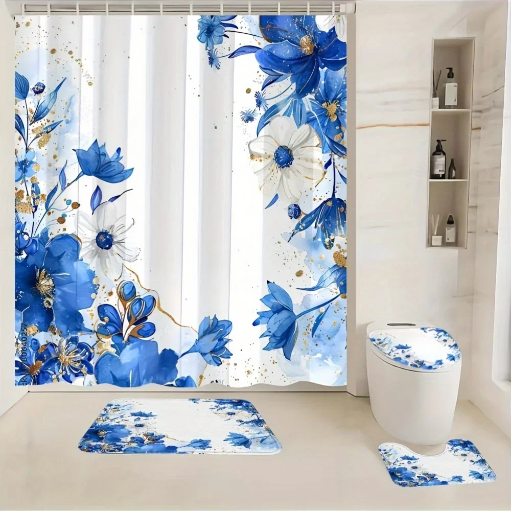 

4-pack blue flower pattern with hook non-slip floor mat bathroom U-shaped mat toilet seat mat bathroom complete set