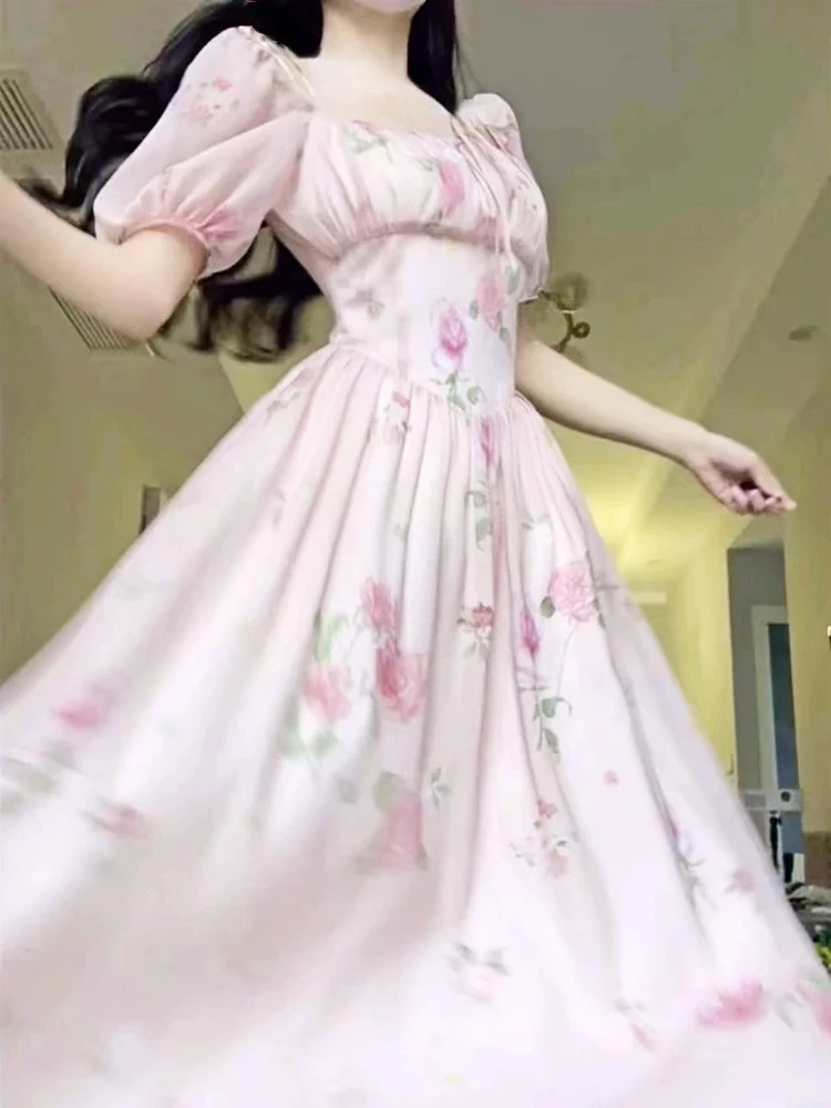 Corea stampa floreale abito rosa donna elegante colletto quadrato manica a sbuffo vacanza abiti Midi anche vestito da festa spiaggia coreano Vestido