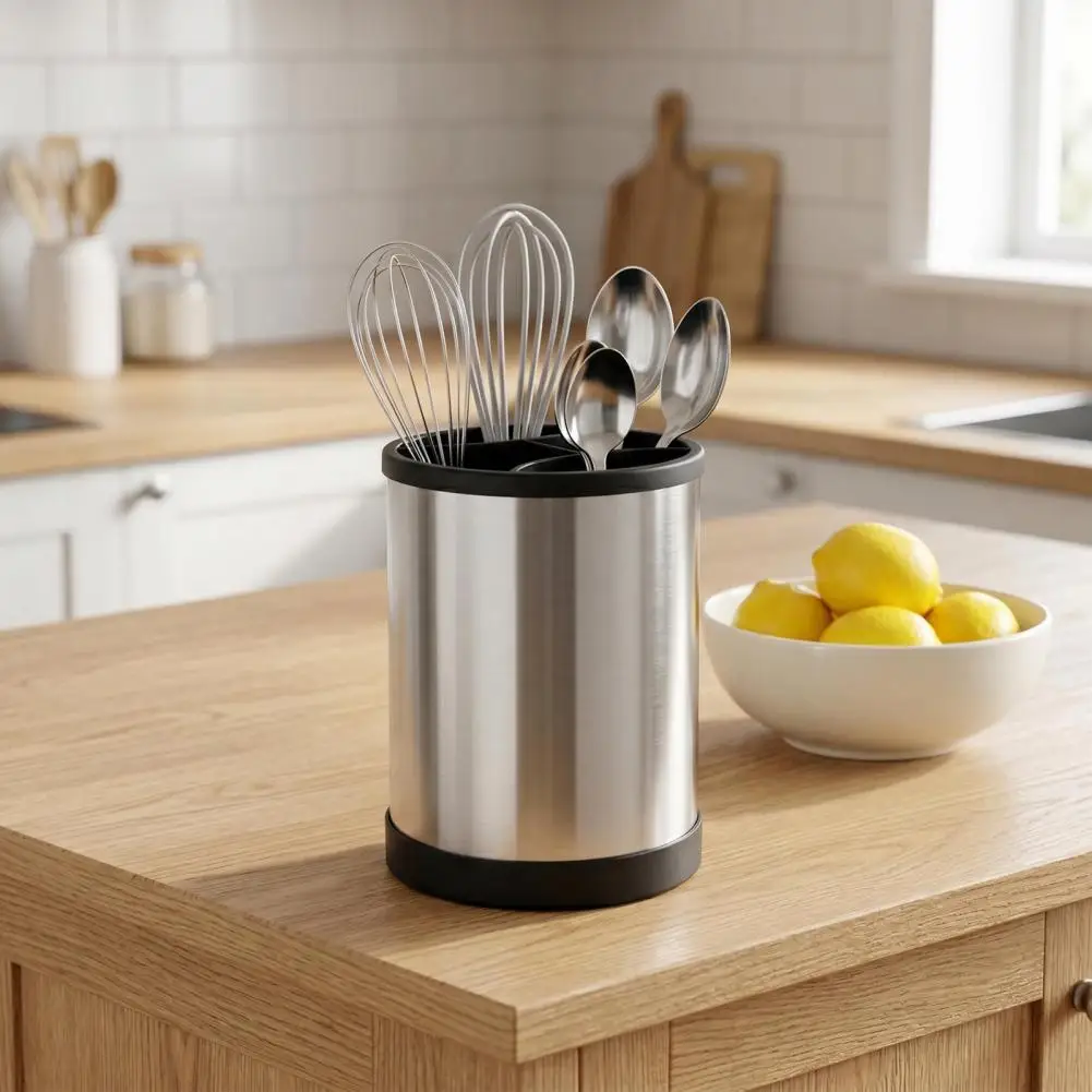 Multi Compartment Cutlery Organizer Stainless Steel Drain Holes Non-Slip Utensil Holder Dishwasher Safe for Kitchen Countertop