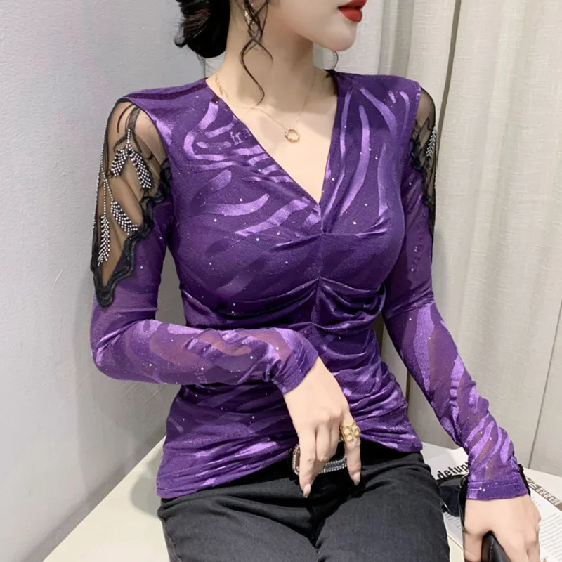 #8002 Black Purple Long Sleeve T Shirt Women V-neck Sexy Tight T-shirt Female Spliced Mesh Hollow Out Irregular T-shirt Femme