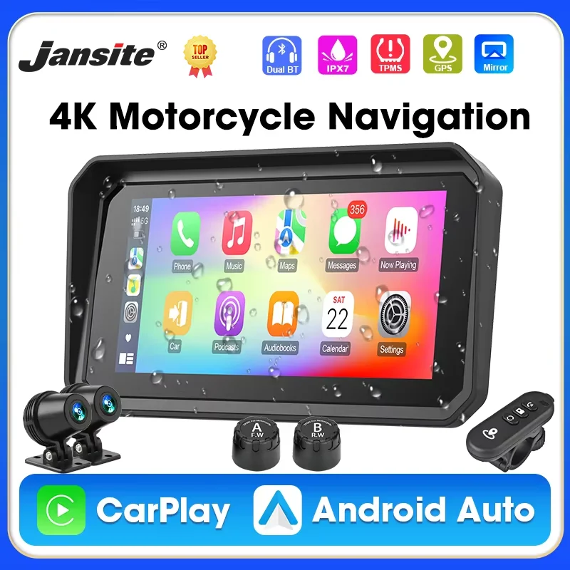 Jansite 5/6.25 inch Motorcycle Carplay Front 4K+Rear 1080P Moto DVR GPS Navigation Wireless Carplay Android Auto IPX7 Waterproof
