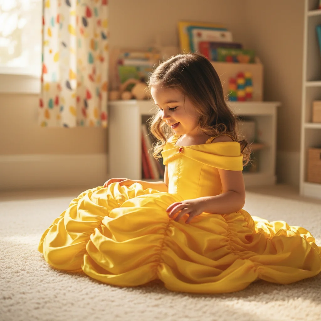 Princess-Loving Kids Birthday Gift Yellow Satin Gown with Off-Shoulder Straps Pageant-Ready Shiny Fabric for Parties And Events