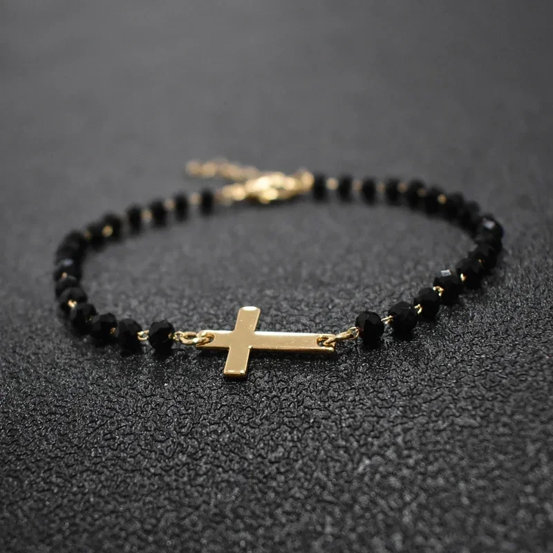 2020 New Design Rosary Style Sideways Cross Bracelet Black Beades Gold Color Chain Bracelets for Women Girls