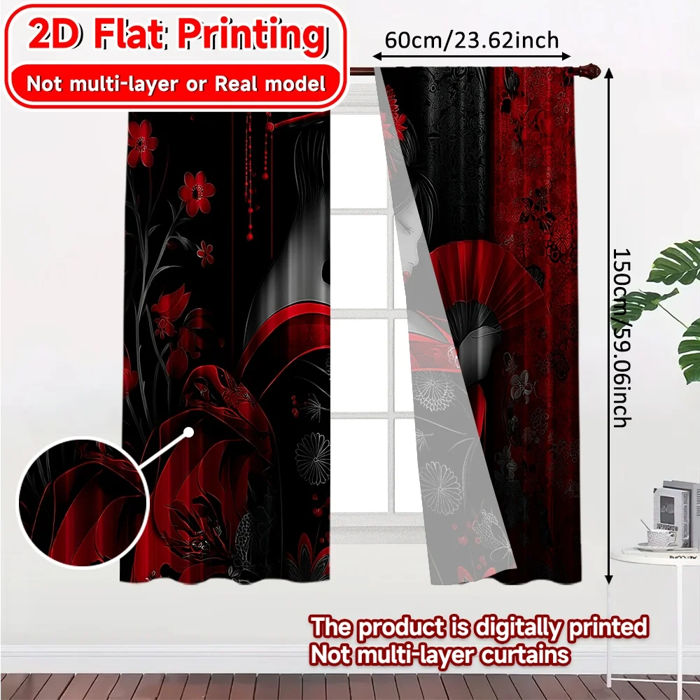 2D FLAT PRINTING 2pcs Curtains (Without Rod) Elegant Red and Black Kimono Ramadan Festival Minimalist Curtains Polyester Easy