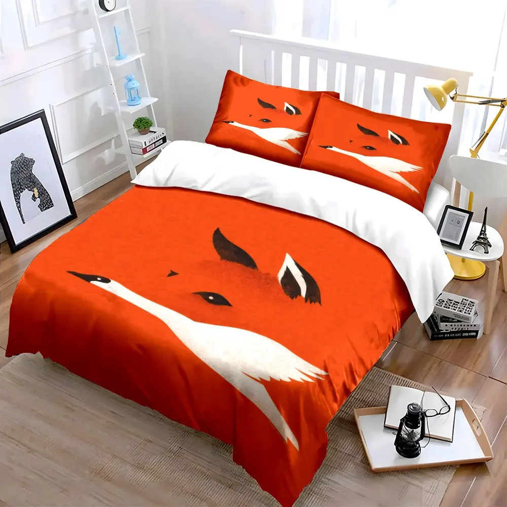 3Pcs Fox and Swan Bedding Set, Hidden Fox in Orange Print Duvet Cover + 2 Pillowcases, Minimalist bedroom Decor