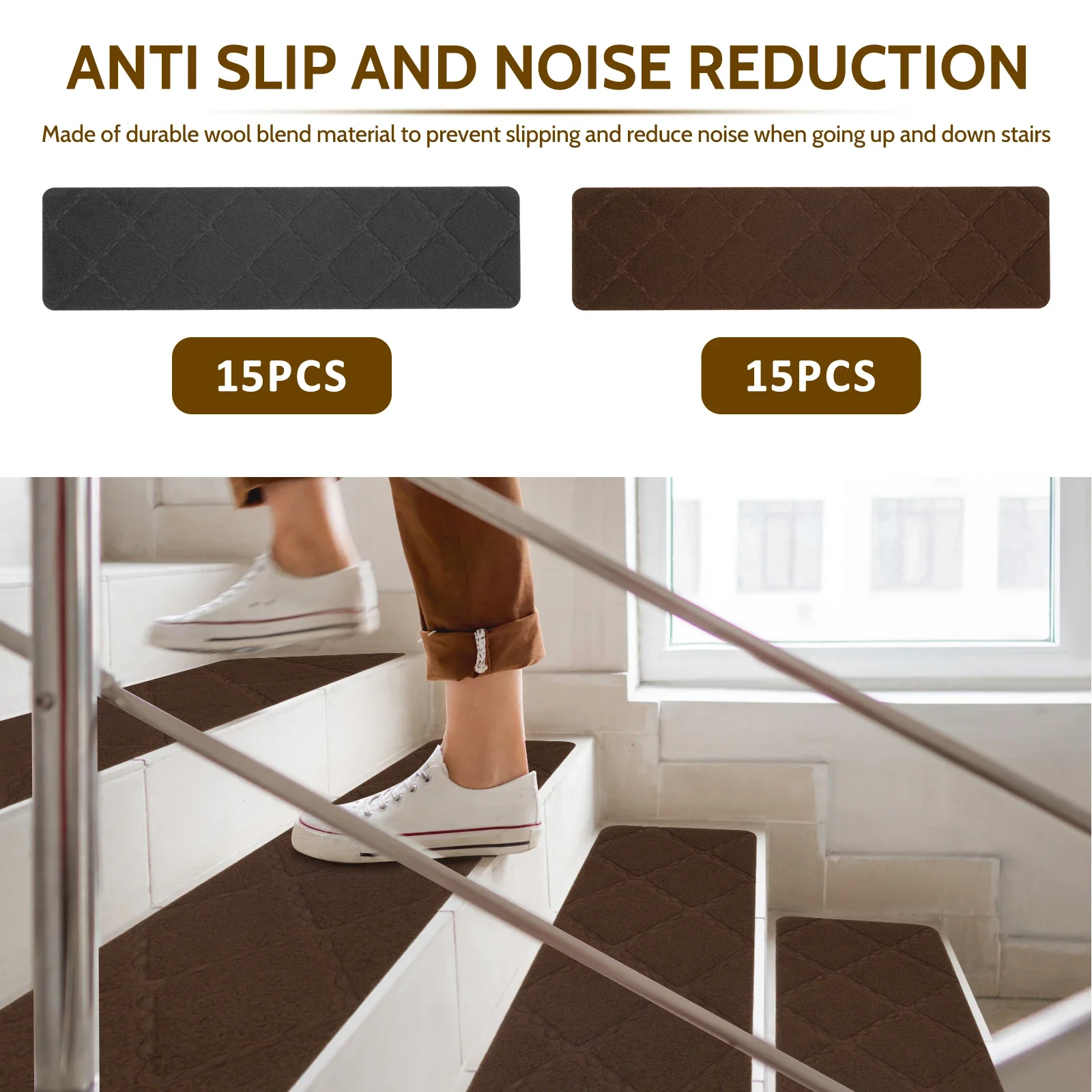 

15Pcs Stair Treads Carpet Fibre Based Adhesive Free Self Sticking Stair Carpet Easy to Install Stickable Step Treads Anti Skid