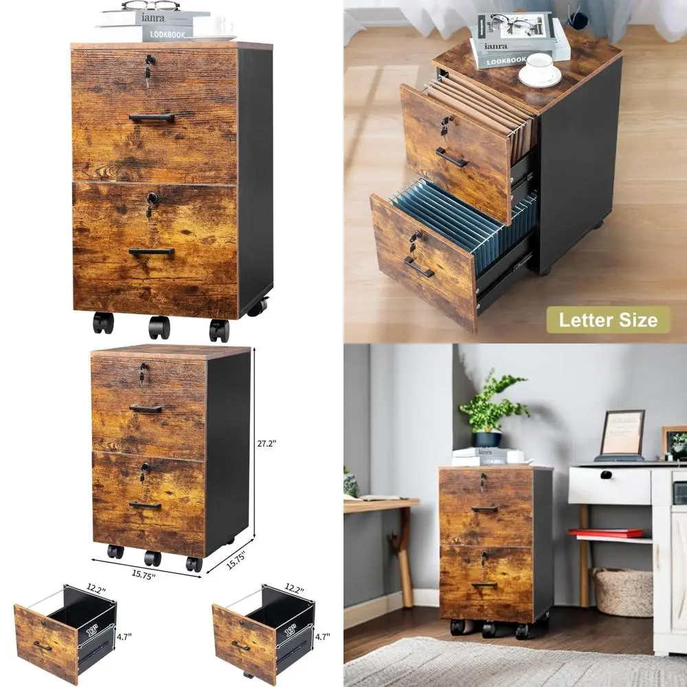 Small Rolling 2-Drawer Wood File Cabinet with Lock, Letter Size Hanging Filing System, Mobile Under Desk Storage Solution
